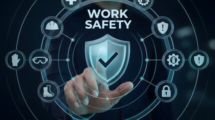 Obraz premium Work safety digital interface with icons for protection and compliance