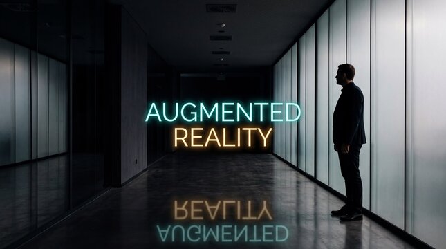 Mann steht nachdenklich in einem dunklen Flur vor leuchtender Augmented Reality Typografie