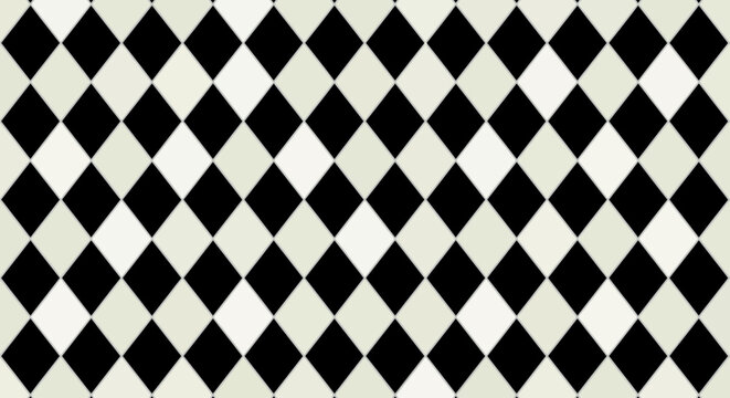 Modern seamless vector pattern presenting a sophisticated monochrome checkerboard of black and cream diamond shapes, offering a versatile geometric background for creative projects and design concepts