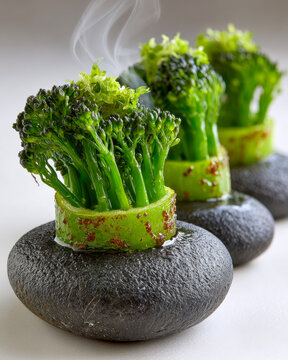 Gourmet culinary presentation of fresh steaming broccolini served on hot dark river stones, fine dining healthy food concept