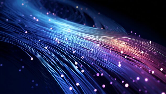 Abstract light strands and glowing nodes symbolize optical fiber data transmission, fast digital connectivity, and global communication.