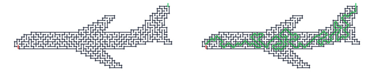 Obraz premium Airplane shaped maze for activity book. Complex grid labyrinth with solution path. Travel puzzle vector illustration isolated on transparent background