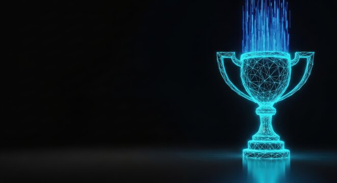 Futuristic Digital Trophy Cup with Glowing Wireframe and Data Streams for Success and Achievement Concept