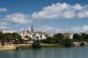 Fototapeta premium Panoramic view of Seville across the Guadalquivir River, with the Giralda, historic architecture, palm trees and the Andalusian city skyline under a dramatic blue sky.