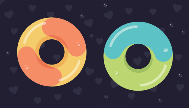 Two colorful inflatable swim rings floating on a dark purple background decorated with hearts and water bubbles.