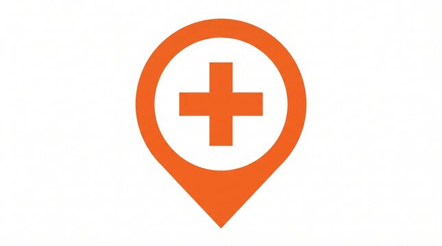 Orange medical GPS location icon signal plus symbol for hospital clinic pharmacy map marker pin