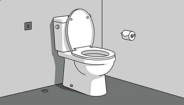 Clean modern toilet with open lid inside a minimalist grey bathroom with a roll of toilet paper hanging on the wall.