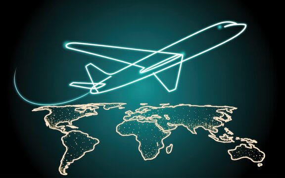 Glowing neon line of an airplane flying over a stylized map on a dark teal gradient background, representing global travel, and modern aviation technology