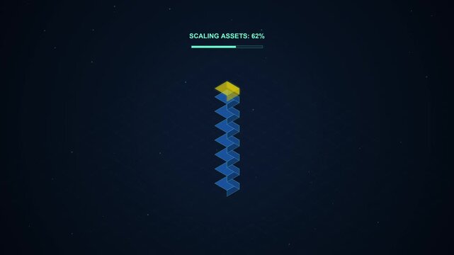 3D Isometric Staircase Building Upwards with Scaling Assets Progress Bar Animation on Dark Background