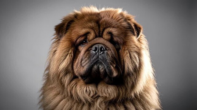 Majestic Tibetan Mastiff Portrait on Gray Background.
