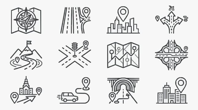Elegant Minimalist Black and White Navigation and Direction Flat Line Icons Set with Map Pins with high quality professional line art symbols for modern creative design and digital branding projects