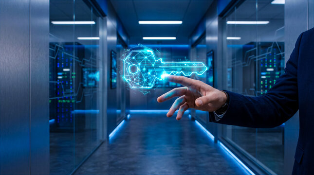 Businessman points at glowing key in modern data center. Bright screens and technology are in background. Concept of cybersecurity, data management, tech consulting