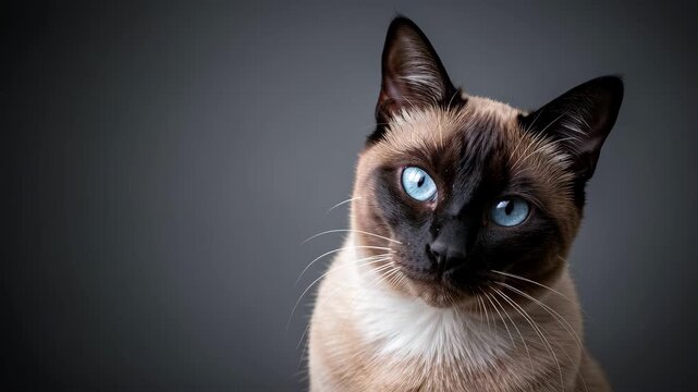 Siamese Cat Portrait on Dark Studio Background.