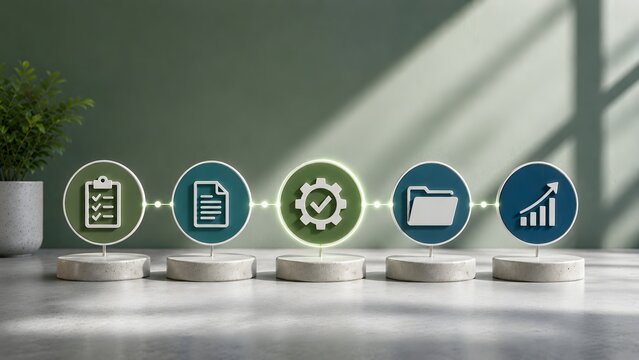 Business workflow process connected timeline with checklist document gear folder and growth chart icons representing project management steps