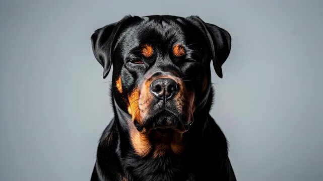 Rottweiler Portrait on Gray Studio Background.