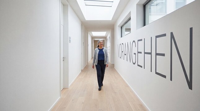 &Auml;ltere Frau geht l&auml;chelnd durch einen modernen B&uuml;rokorridor mit dem Wandschriftzug Vorangehen