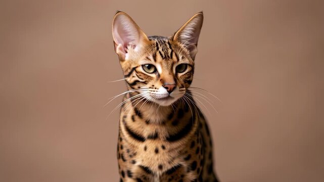 Spotted Domestic Cat Portrait On Brown Background.