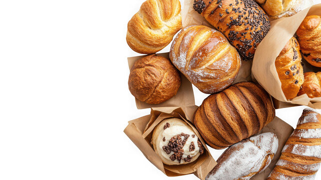 Bakery goods including various loaves and rolls are packed into paper bags to showcase a rustic artisanal presentation suitable for commercial food branding and marketing.