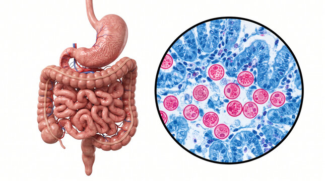 Human digestive system with microscopic view of Cryptosporidium oocysts in intestinal tissue during infection