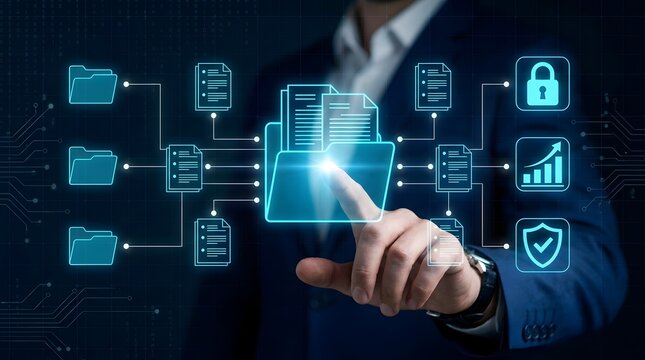 Businessman interacting with digital document management system and virtual folder organization
