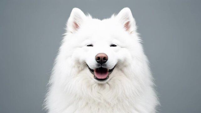 White Samoyed Portrait on Gray Background.