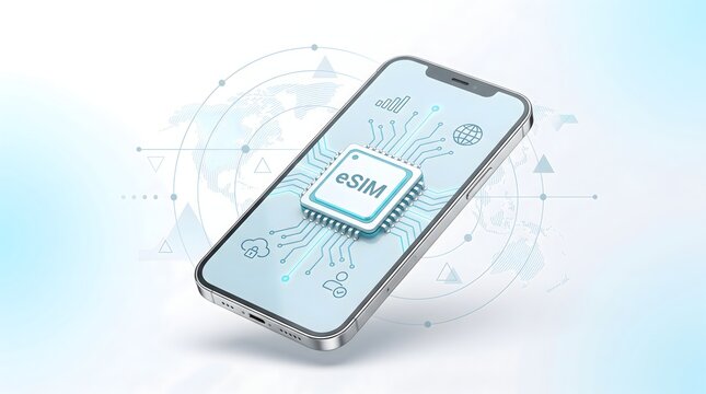 Smartphone with eSIM chip and digital network connections, representing mobile technology