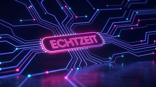 Leuchtender Schriftzug Echtzeit in einem digitalen Schaltkreis-Netzwerk mit Neonlichtern