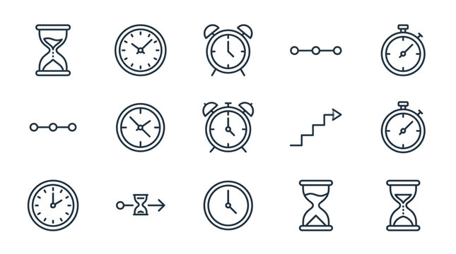 Collection of black and white clock and hourglass icons.