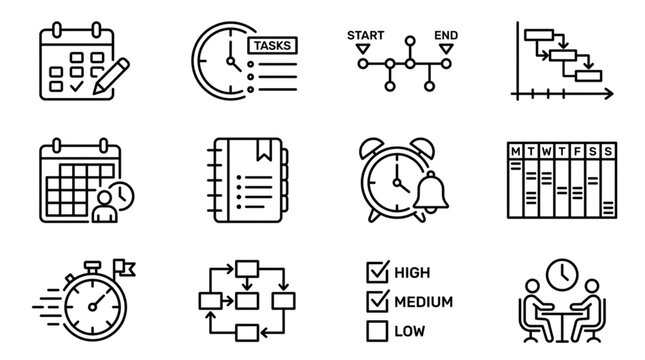 Collection of black and white business and time icons.