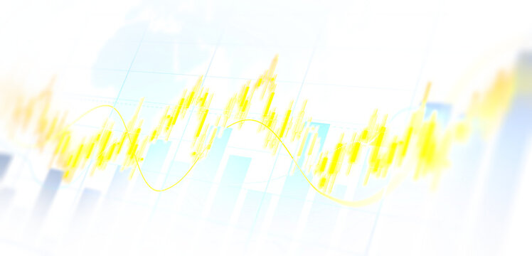 Transparent stock market chart with candlestick bars and rising trend line. Digital finance background showing trading, investment growth, profit analysis and economic data.	
