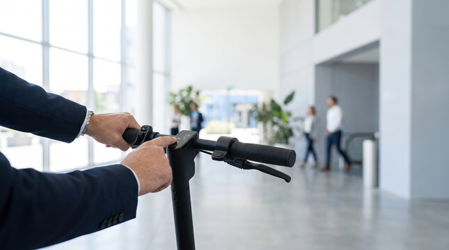 Businessman holding an electric scooter for urban commuting