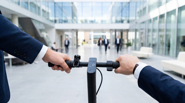 Businessman holding an electric scooter for urban commuting