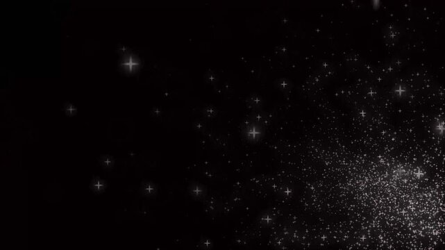 Glittering animated White Stars and Cross Shapes Scattered Across a Dark Black Space Background abstract, perfect for space, galaxy, or futuristic abstract motion graphics.