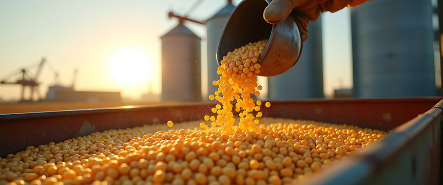 Farmer pours golden soybeans from bucket into trailer at sunset on farm.