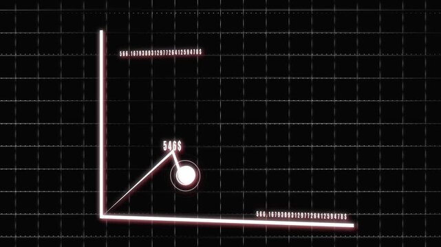 Neon Pink 3D Line Graph with Data Points and Numbers on a Dark Grid animation Background chart statistics. Modern dark grid background showing neon pink 3D line graph with illuminated data points.