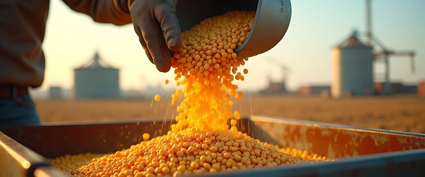 Farmer pours golden soybeans from bucket into trailer at sunset on farm.