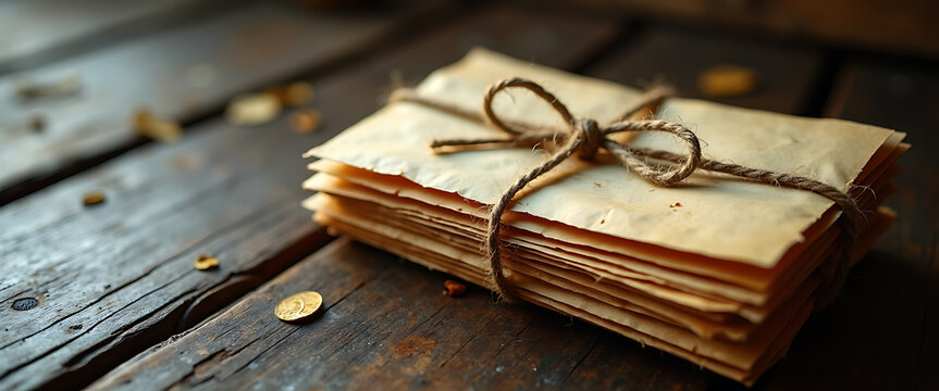 Stack of old letters tied with twine on rustic wooden table with soft candle light in background vintage communication concept.