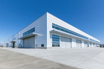 Naklejka premium 快晴の青空を背景に広い搬入スペースと大型シャッターを備えた、白く清潔感のある近代的な物流倉庫・工場施設の外観