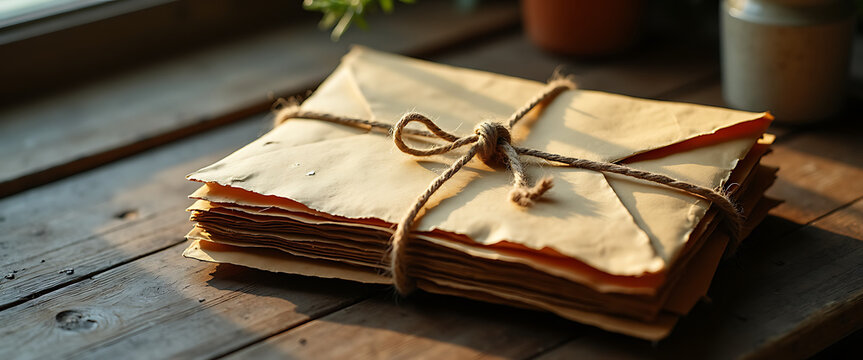 Stack of old letters tied with twine on rustic wooden table with soft candle light in background vintage communication concept.