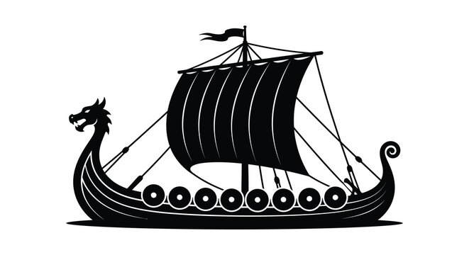 Viking longship with dragon figurehead black silhouette