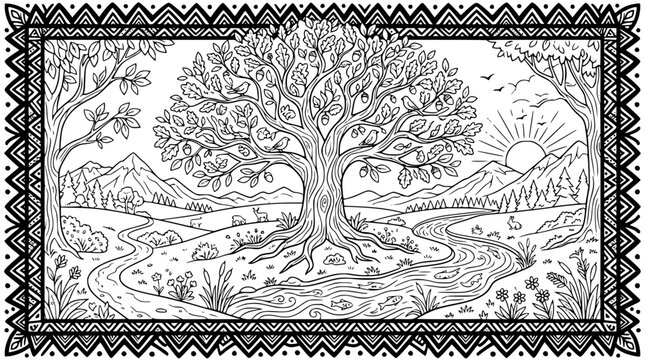 Nature Landscape with Large Oak Tree and River Adult Coloring Page