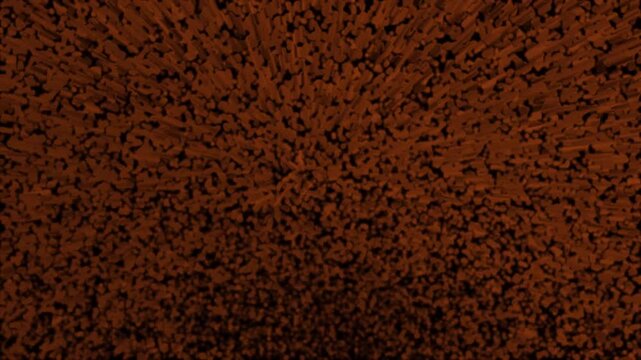 Abstract pattern of numerous small brown textured elements against a dark animated background creating a sense of depth and density, creating abstract layered textures with depth and density animation