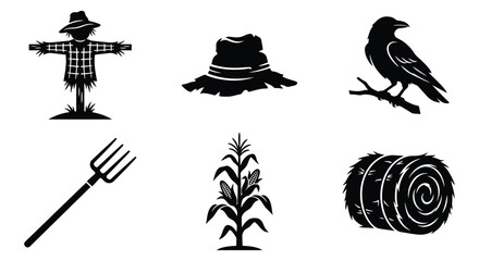 Obraz premium Farm Elements Including Scarecrow Hay Bale And Pitchfork Silhouette