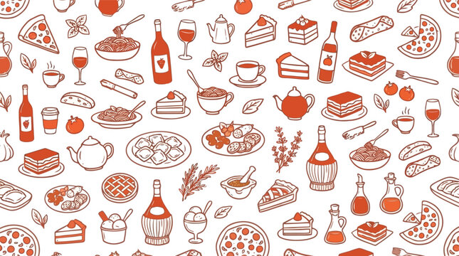Seamless tea and dessert doodle pattern with hand drawn teapots, cups, cakes and sweets on white