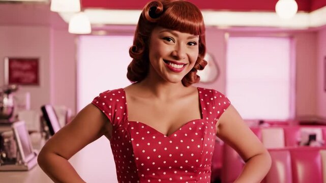 Cheerful woman wearing a red polka dot sweetheart dress inside a pastel pink diner, a vivid retro portrait inspired by pin up models 50s with curled auburn hair and upbeat nostalgic restaurant charm