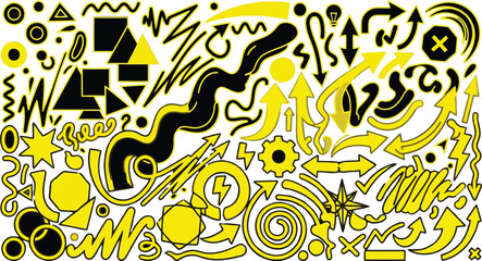 Abstract black and yellow graffiti doodle background with urban street art symbols and chaotic hand drawn design © Bacon