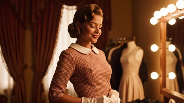 Elegant woman in a tailored check dress and white gloves inside a warmly lit fashion atelier, a refined wardrobe portrait inspired by pin up models 50s with vanity bulbs and poised nostalgic glamour