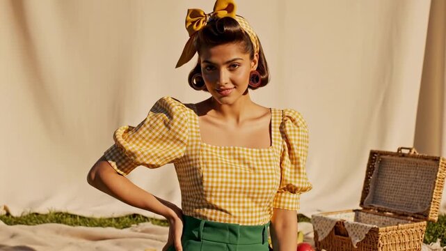Smiling woman in yellow gingham puff sleeve blouse beside a wicker picnic basket, a sunlit countryside portrait inspired by pin up models 50s with playful bow hairstyle and warm nostalgic styling