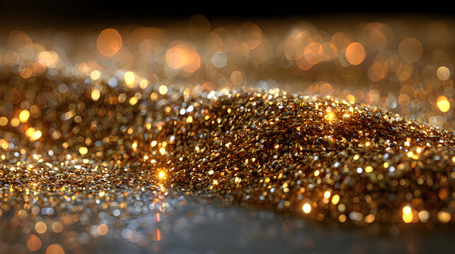 Detailed macro view of golden glitter texture and bokeh lights with particles background metallic glittery abstract