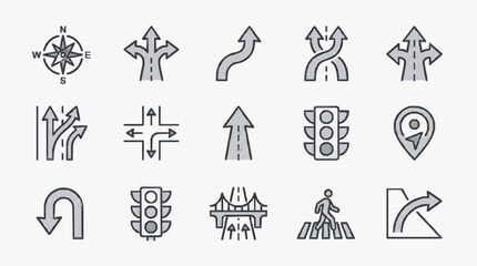 Fototapeta premium Elegant Minimalist Monochrome Road Signs and Direction Icons Set with Compass and Traffic Signals